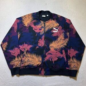 Puma L Tropical Varsity Jacket Black Multi Floral Palm Print Bomber Men's Zip